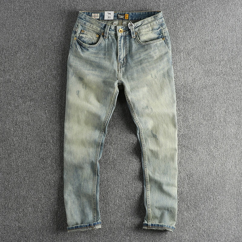 

Red Line Selvedege Denim Jeans for Men 100% Cotton Spring Vintage Light Blue Distressed Washed Pants for Male Slim Fit Trousers