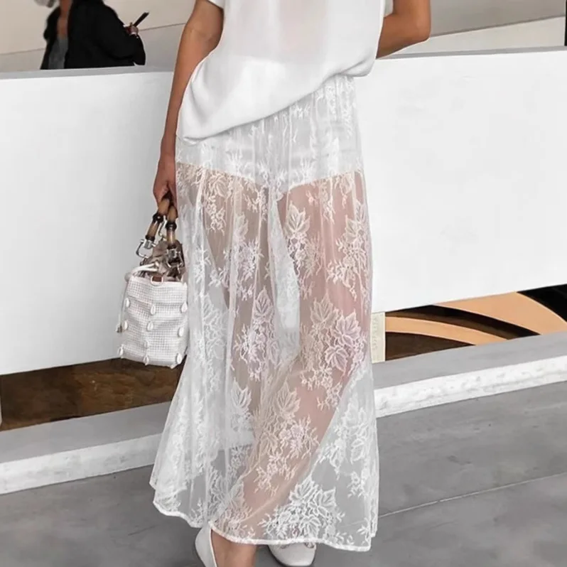 مثير منظور تنورة دانتيل المرأة الربيع والصيف مزاجه الأبيض عالية الخصر ألف على شكل تنورة طويلة الملابس النسائية بالجملة #1