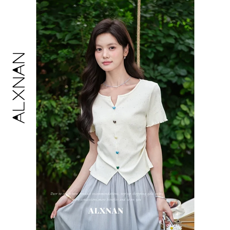 ALXNAN Women's T-shirt 2026 Summer New Elegant Short Sleeve T-shirts Women Heart Colorful Button Split Tops Ladies New L63779
