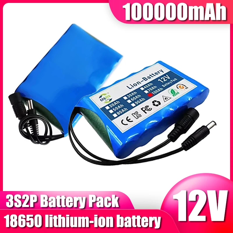 3S2P， Equipped with BMS protection board+12.6V charger, 12V lithium-ion battery pack 100000mAh,multiple capacity options