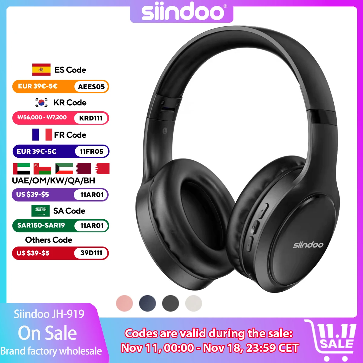 Siindoo JH-919 Wireless Foldable Headphones Bluetooth Stereo Earphones Super Bass Noise Cancelling With Mic Headset For Mobile