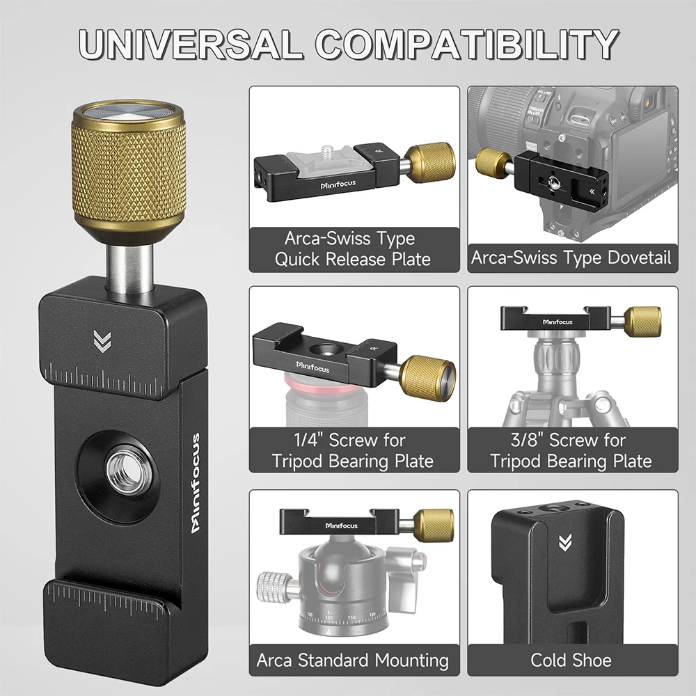 Minifocus Arca Swiss/RRS Clamp with Cold Shoe Adapter 1/4'' ARRI Hole for Tripod Ball Head Camera Quick Release L Bracket Plate