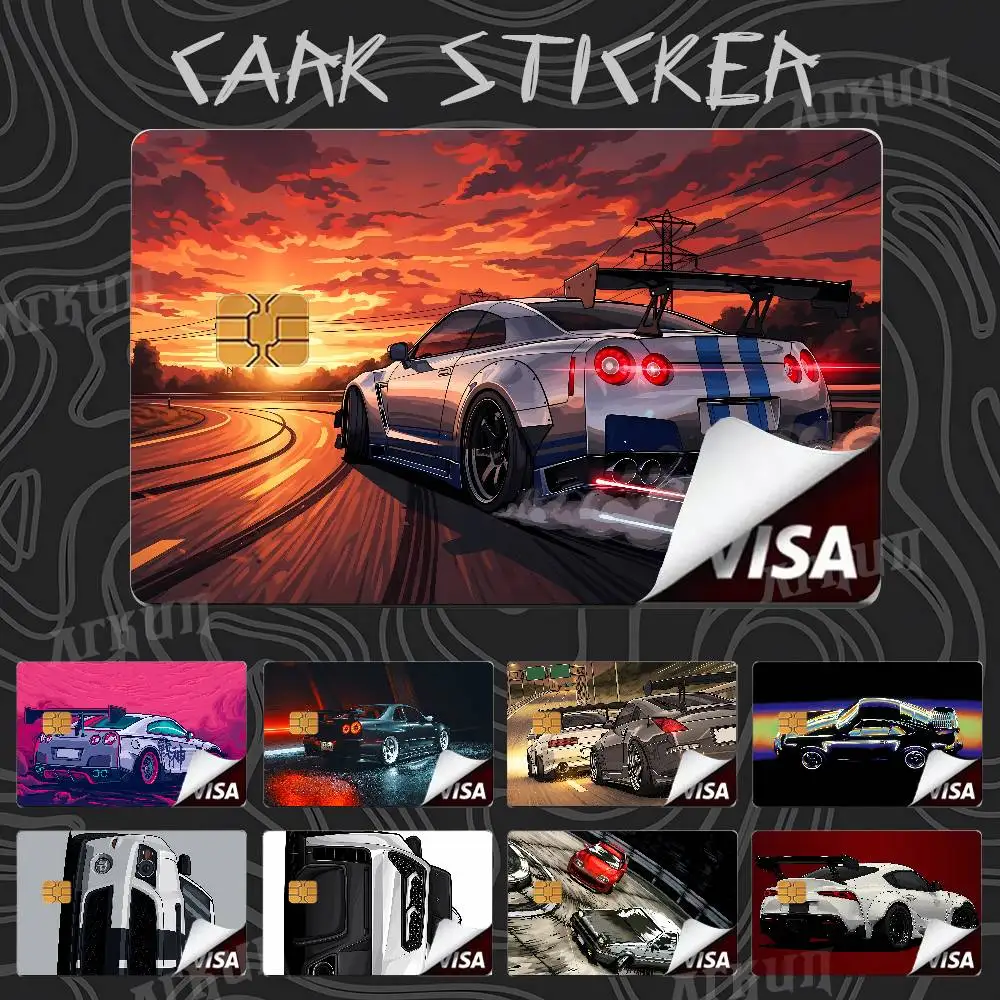 Cool Fashion JDM Sports Car Card Sticker, Sunset Neon City Racing Vehicle Print, Waterproof for Credit Debit ID Bank Cards