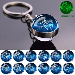 12 Constellation Luminous Keychains Double Side Glass Ball Pendant Zodiac Sign Key Chains Glow In The Dark Keyring Birthday Gift