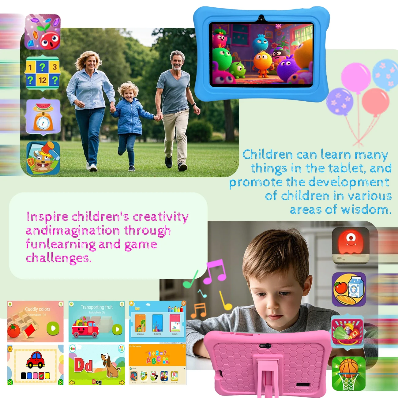 Suitable for Children Aged 3-12, 7inch Android Children's Tablet with Parental Control, Pre-Installed Educational Software, Dual Cameras, Supports Wifi, Two Color Options, Is a Favorite Gift for Children, Does Not Come with a Plug