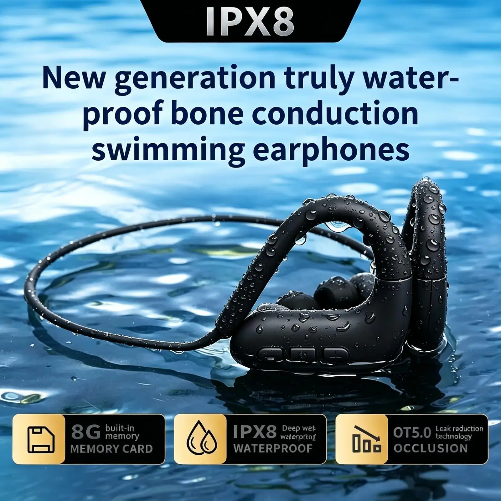 

IPX8 Waterproof Bone Conduction Wireless Bluetooth Headphones, Built-in 8GB Storage, HiFi Stereo For Swimming Diving Running Gym