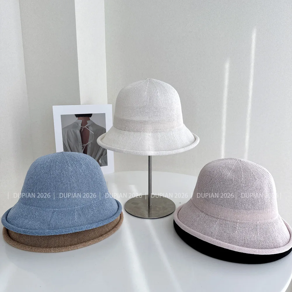 Japanese Style Rolled Brim Paper-blend Fisherman Hat Women Spring Summer Breathable Knit Bucket Hat UV Protection Casual Sun Cap