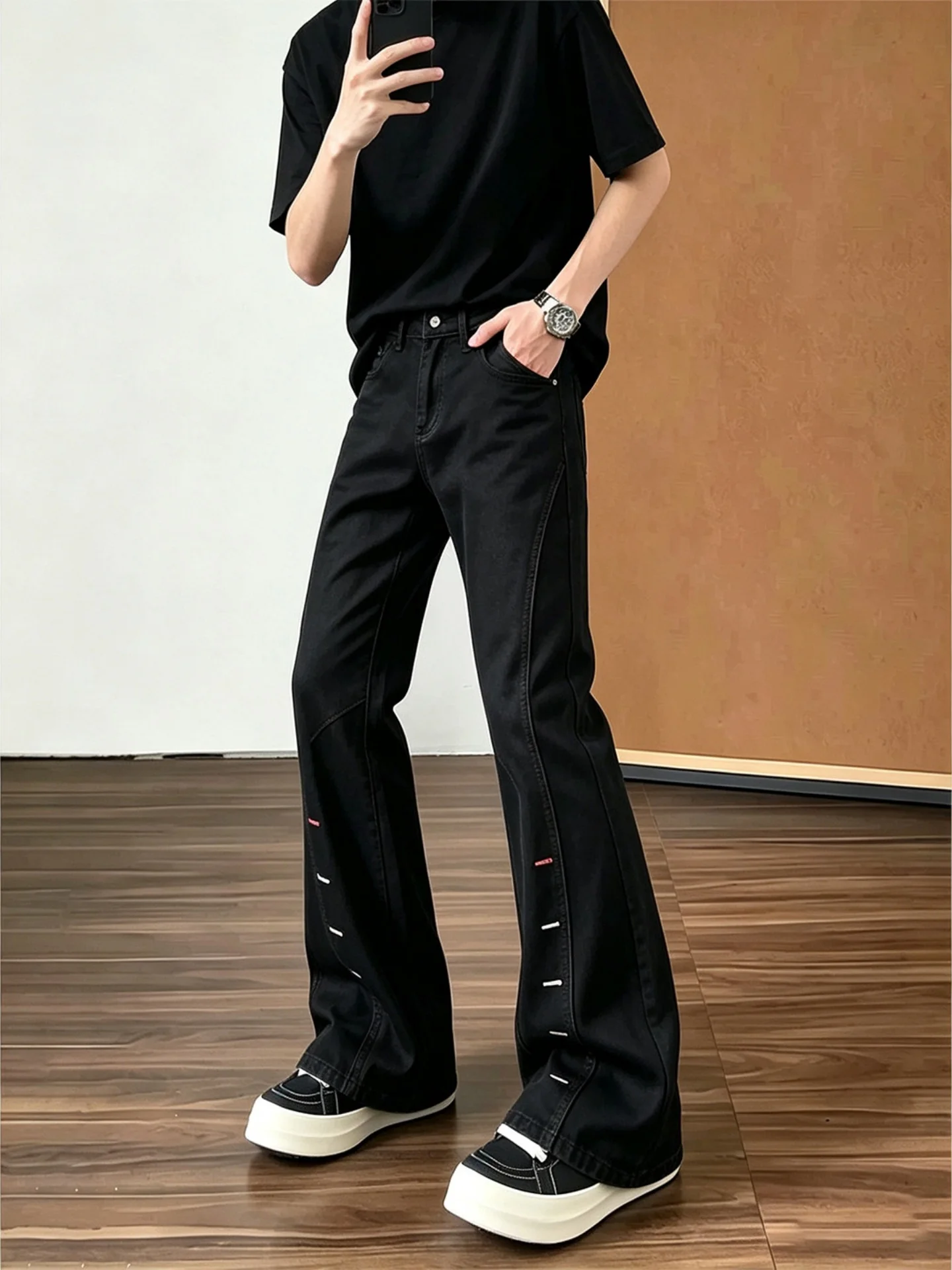 Cleanfit Black Slanted Leaf Knife Jeans Men's American High Street Button Eye Embroidery Straight Leg Micro Flare Pants