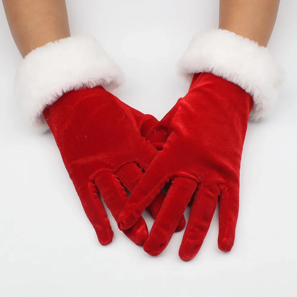 Christmas Evening Stage Performance Etiquette Gloves Cosplay Short White Feathers Red Velvet Mittens Women Autumn Winter Warm