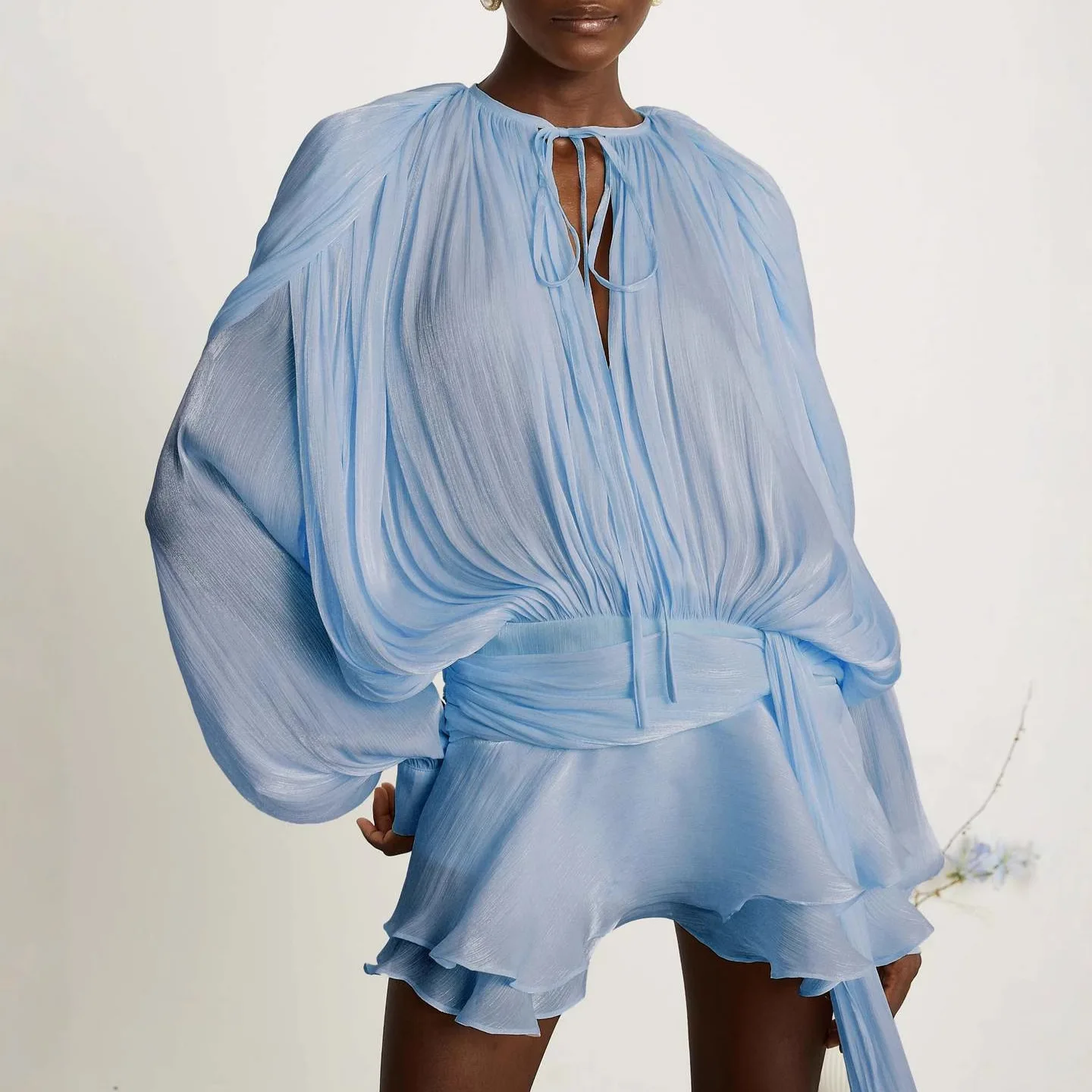 2025 New French Style Puff Sleeve Dress Fashion Loose Lace-up Sheer Set with Leggings Summer Dress Robe Vestido Women Elegant