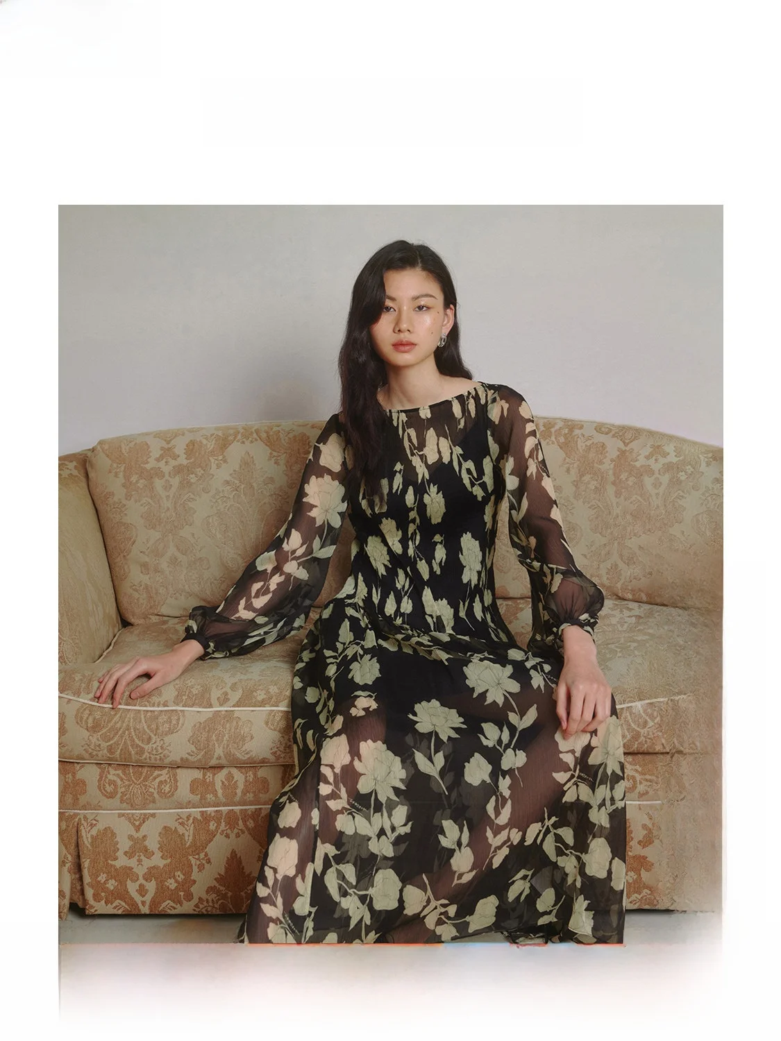 

Ele Long Sve Printed Dr Women's Spring New Quiet Luxury Sle Cysanthemum Pattern Midi Skirt Ci Commute Dr