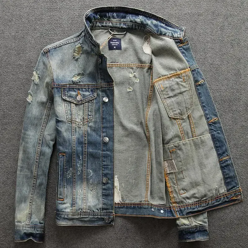 Ripped Casual Slim Men's Denim Jacket Vintage Male Jean Coats With Hole Short Menswear Size L Branded Fashion Low Cost Designer