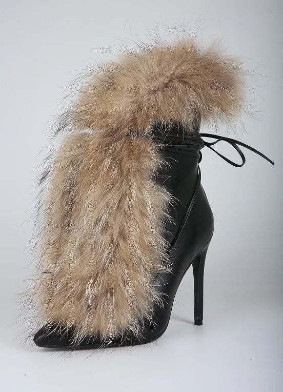 Punk Style Beige Pointed Toe Real Fur Modern Boots Lace Up Stiletto High Heels Sexy Snow Boots for Women Elegant Mid Calf Boots