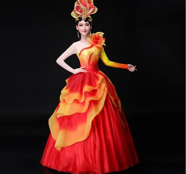 

Chinese Classical Dance Attire Grand Opening Floral Large Swing DRESS Flame