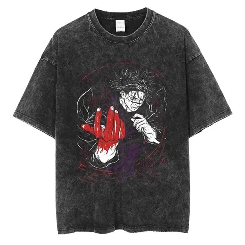 

Jujutsu Kaisen Gojo Satoru Washed T-shirt Unisex Retro Cotton Print Short Sleeve Loose Top for Men Women Anime Lovers
