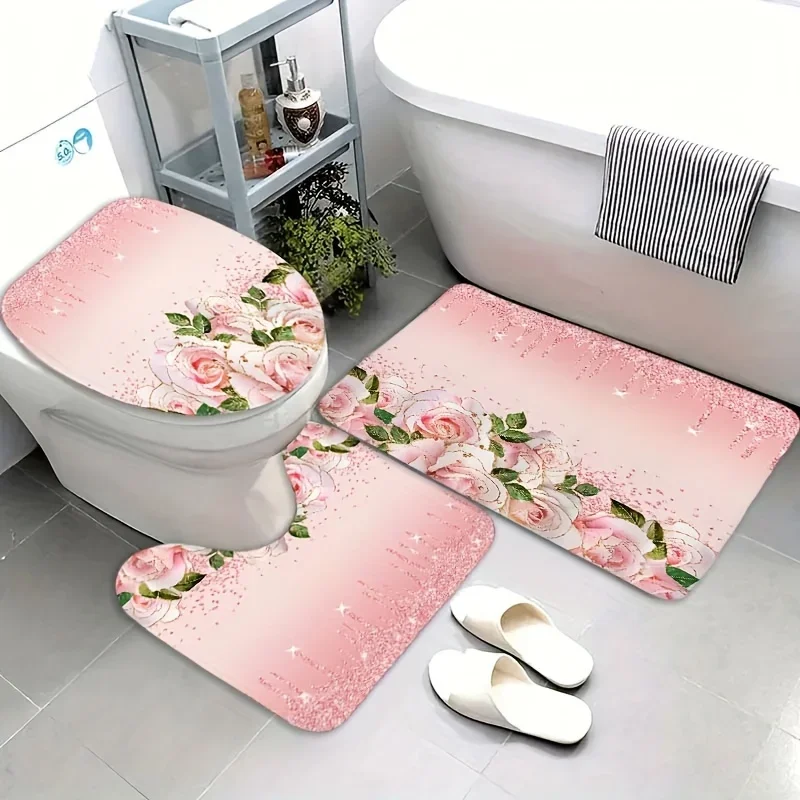 

Pink Elegant Rose Bath Mats Bathroom 3Pcs/set Pad Home Flannel Decorations and Accessories Floor Rugs Toilet Cover 40*60/50*80CM