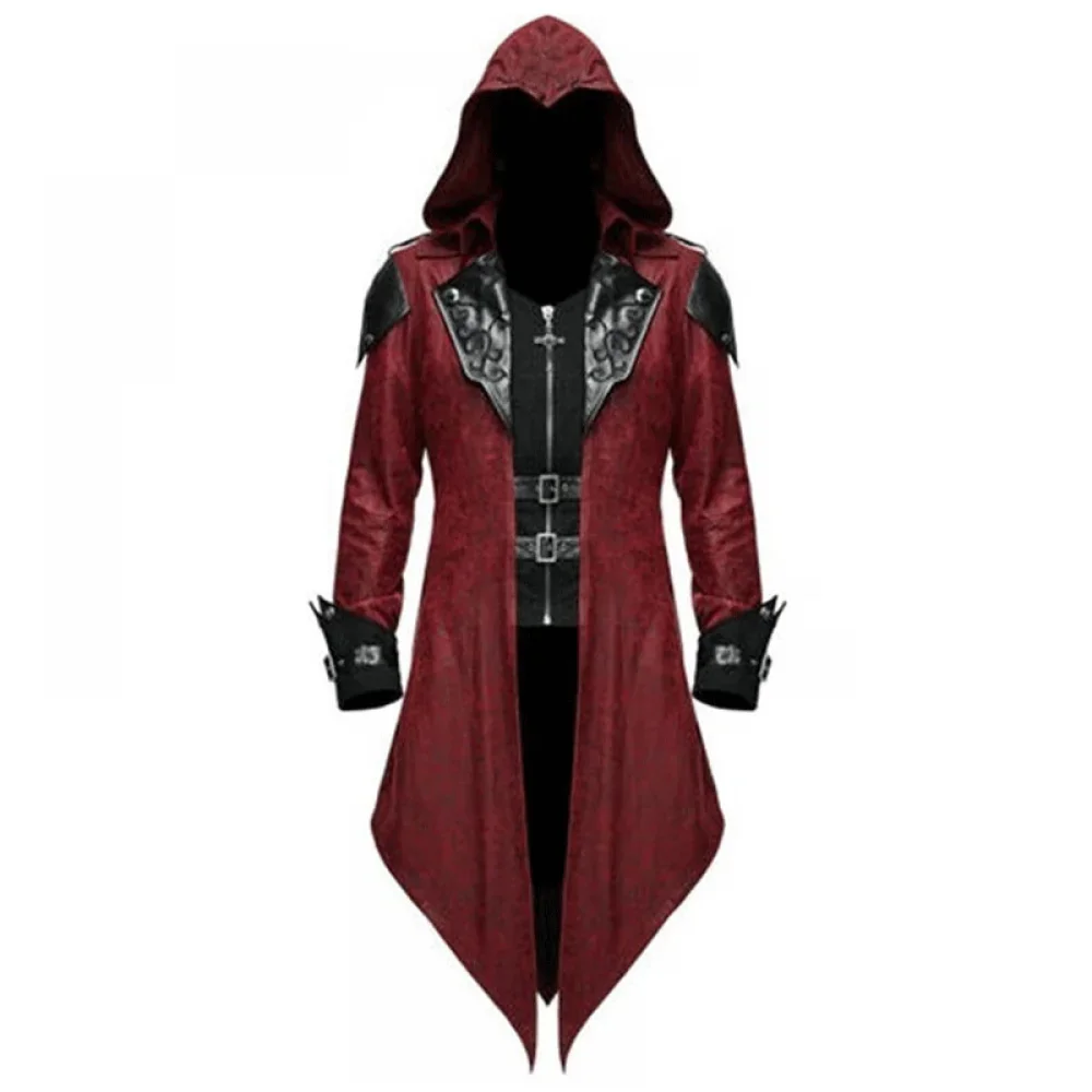 Costume cosplay Steampunk medievale da uomo Giacca da uomo con cappuccio rosso nero Cappotto da frac vintage gotico Abiti da spettacolo di Halloween