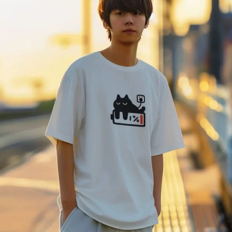 ZAZOMDE 2025 Man And Women T Shirts Funny Battery Cat Graphic Cotton TShirt Men's High Street Streetwear Loose Fit Tee Top 5xl