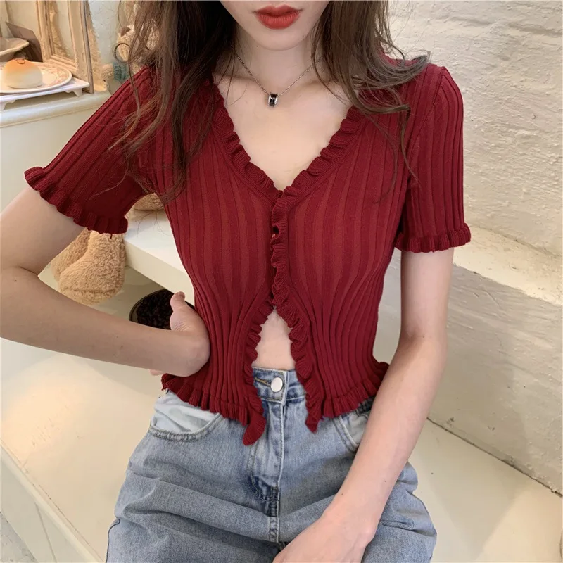 Sweet Sexy Hollow Out Lumbar Fungus Ruched Tops V-neck Single Breasted Crop Cardigan Elastic Slim All-match Knitted Tshirts