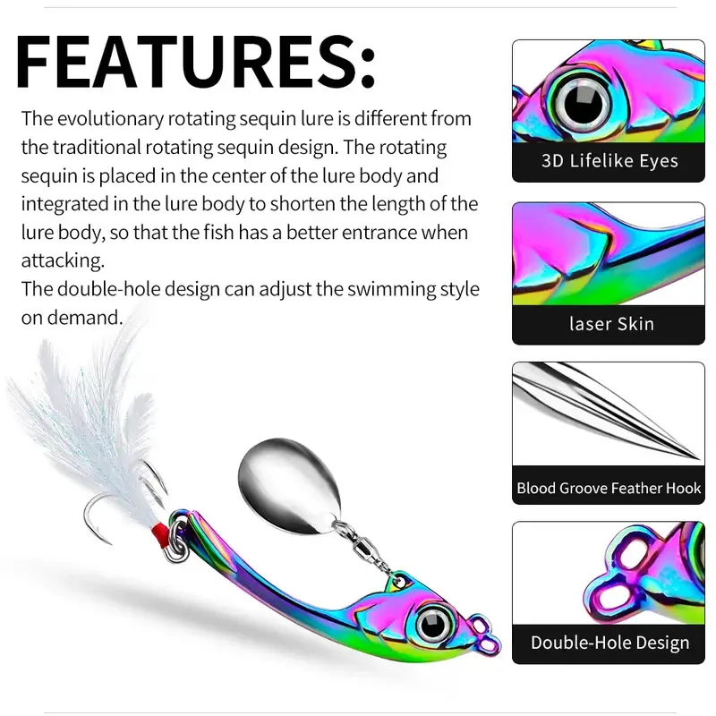 Spinner Bait 7g 10g 15g Metal Vib Fishing Lure Trolling Rotating Spoon Wobbler Sinking Hard Bait With Sequin Pesca For Bass Pike - Image 5