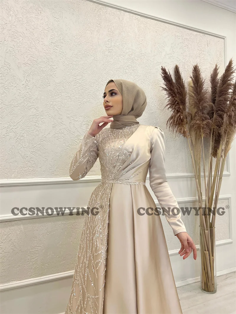 Muslim Satin Beaded Sequin Long Sleeve Hijab Evening Dresses Arabic Dubai Islamic High Neck Formal Party Gown Robe De Soiree