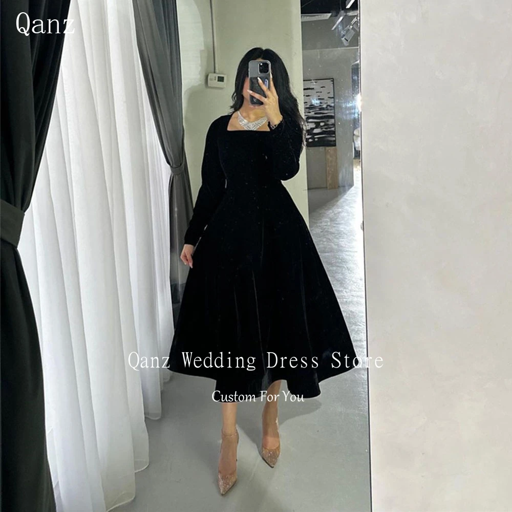 

Qanz Customized Prom Dresses Classic Square Collar A-line Draped Vestidos De Fiesta Tea Length Velour Bespoke Occasion Dresses