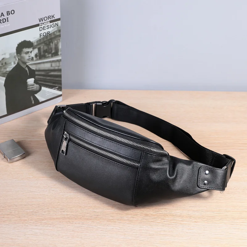 Men's genuine leather waist bag, casual shoulder bag, multi-functional mobile phone storage waist bag, cash register