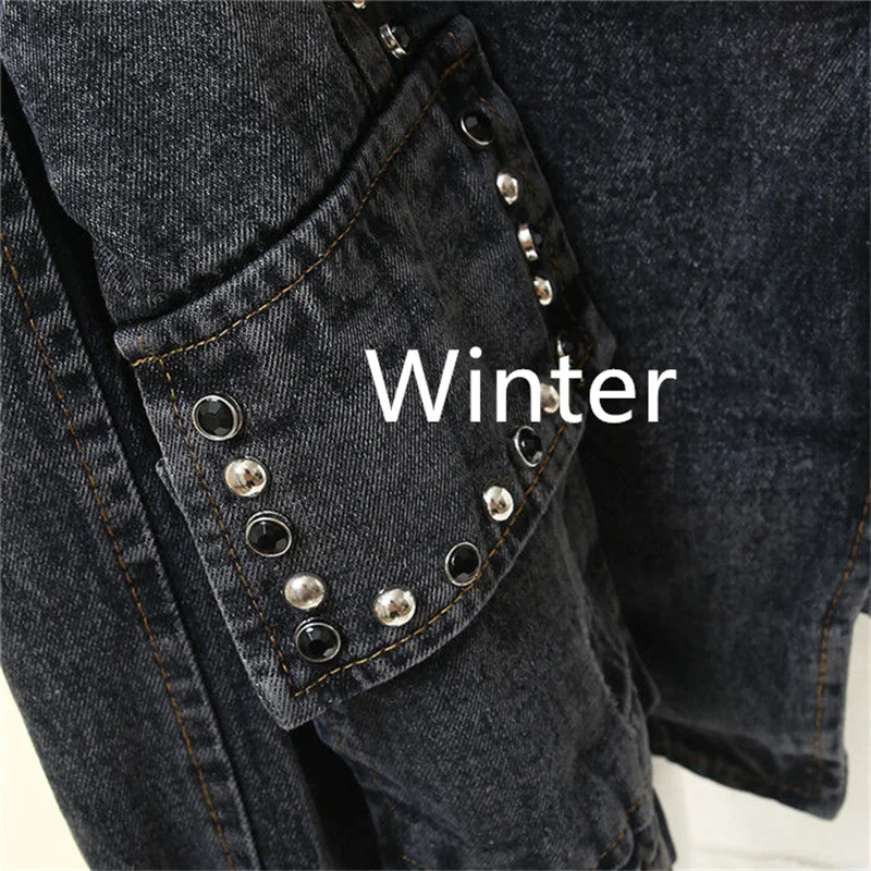 Turn-down Collar Nail Bead Denim Jacket Women Loose Zipper Outwear Jean Coat Female Spring And Autumn Jacket Blue Black Jackets