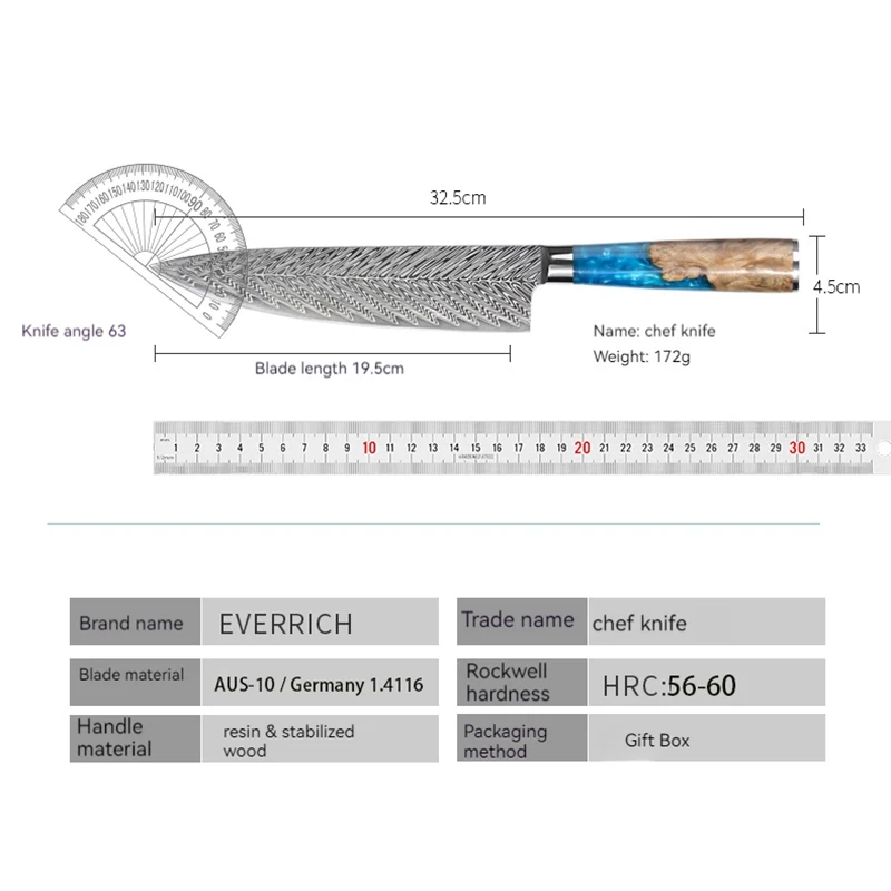 Chefs Cleaver Knife AUS10/ Germany 1.4116 Steel 19.5cm Blade Slicing Laser Pattern Kitchen Knives Resin & Stabilized Wood Handle