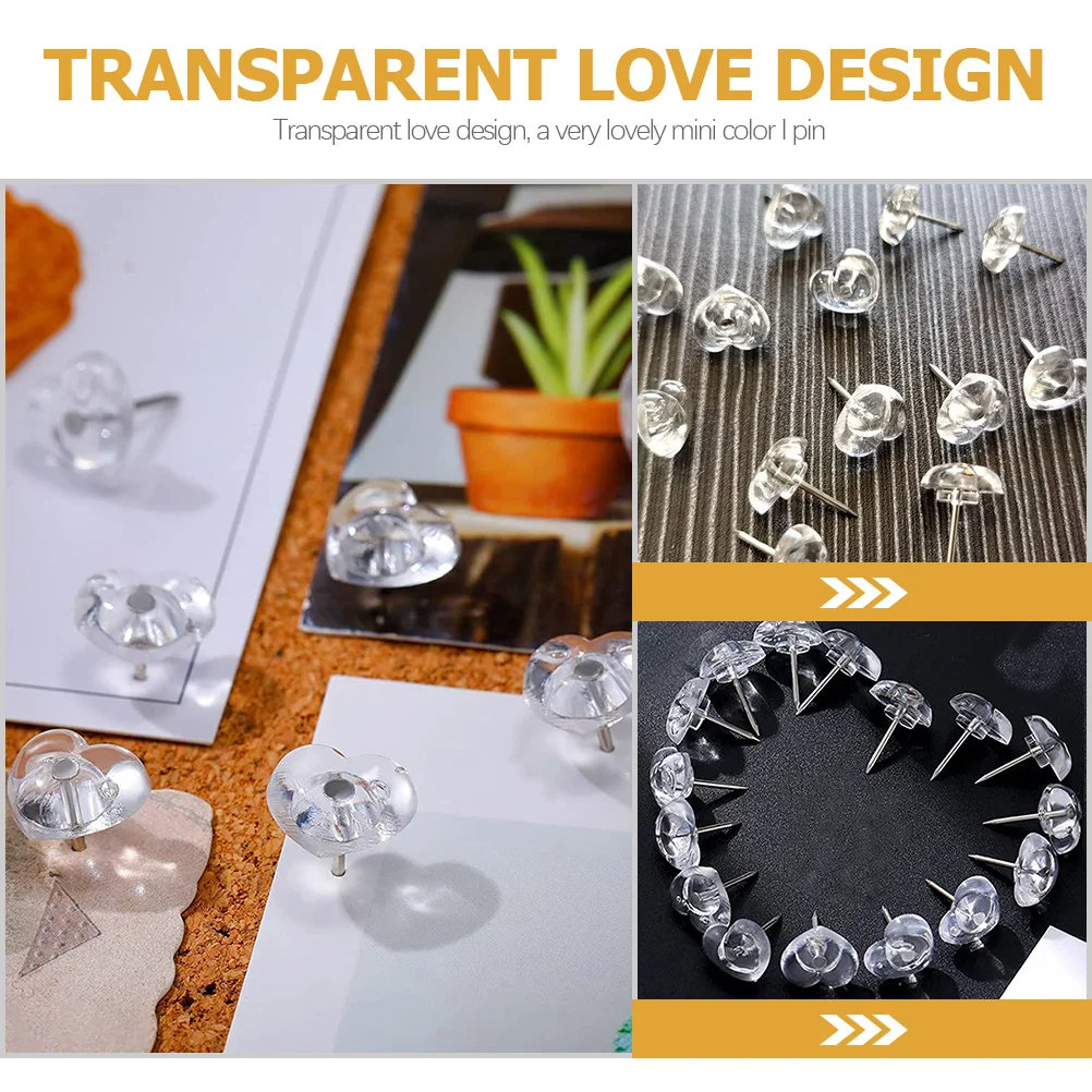 100Pcs Heart Shaped Thumb Tacks Clear Reusable Pushpins for Bulletin Board Daily Use Compact Home Accessories Pushpins