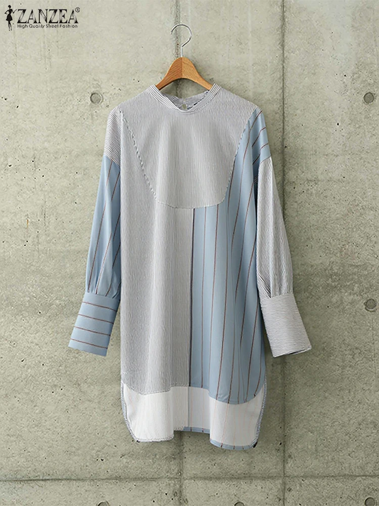 

ZANZEA Fashion Long Tops Striped Women Blouse 2025 Autumn Printing Tunic Stand Collar Casual Loose Oversized Asymmetrical Blusas