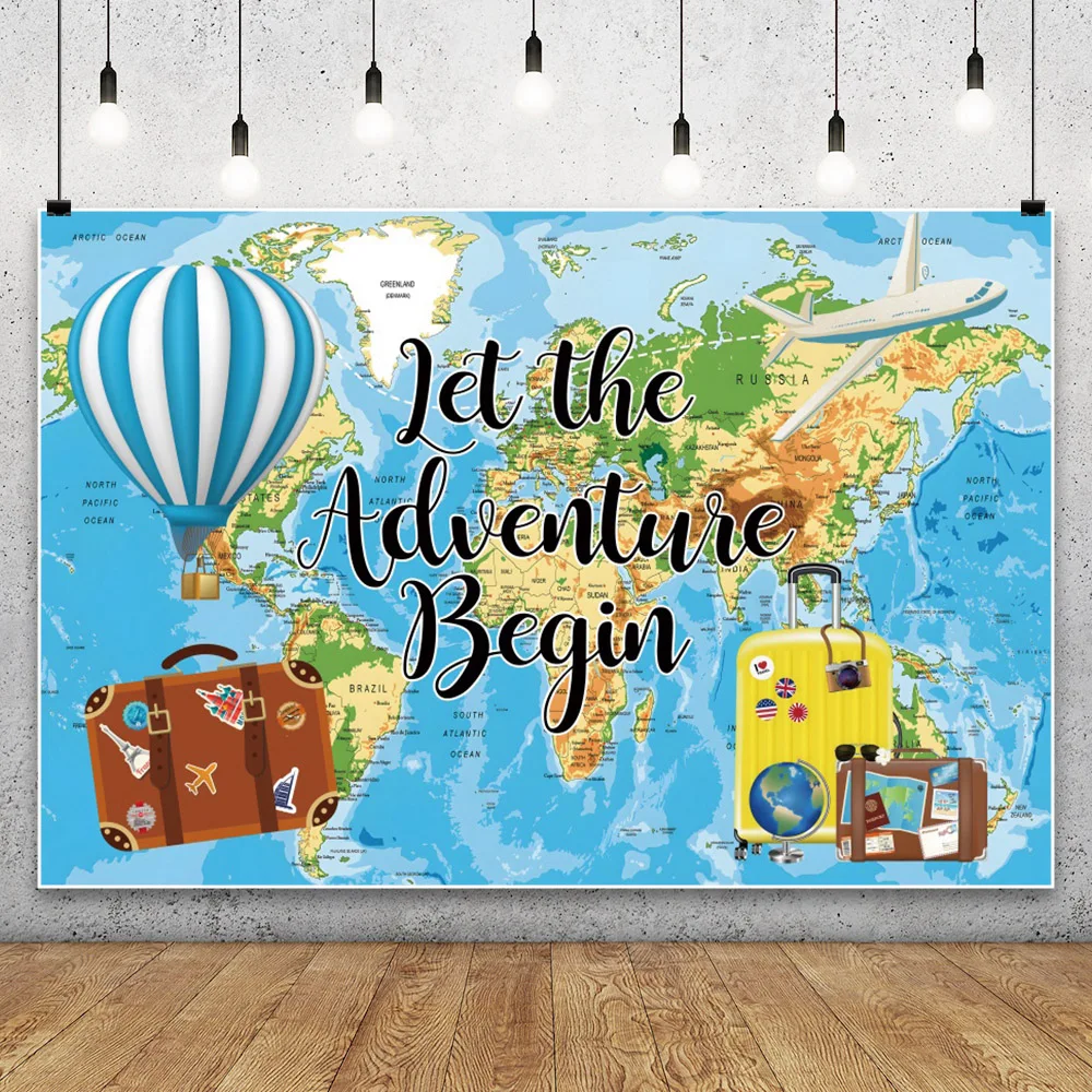 Adventure Travel Background World Map Children Birthday Party Hot Balloon Red Airplane Decor Baby Shower Photography Backdrop