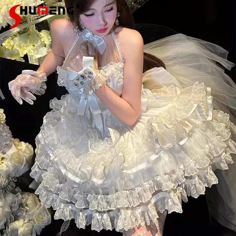 

French Style Pure White Short Romantic Anniversary Ceremony Adult Wedding Dress Y2k Clothes Slimming High-waisted Dresses Women