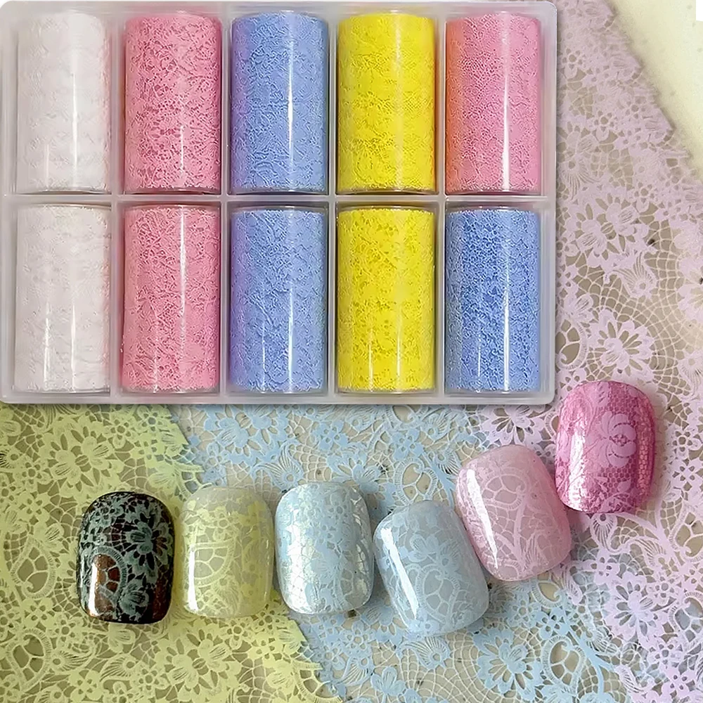 10rolls Macaron Color Lace Nail Transfer Stickers Pink Blue Yellow Flower Lace Design Nail Foils Tulip Pattern Lace Nail Sticker