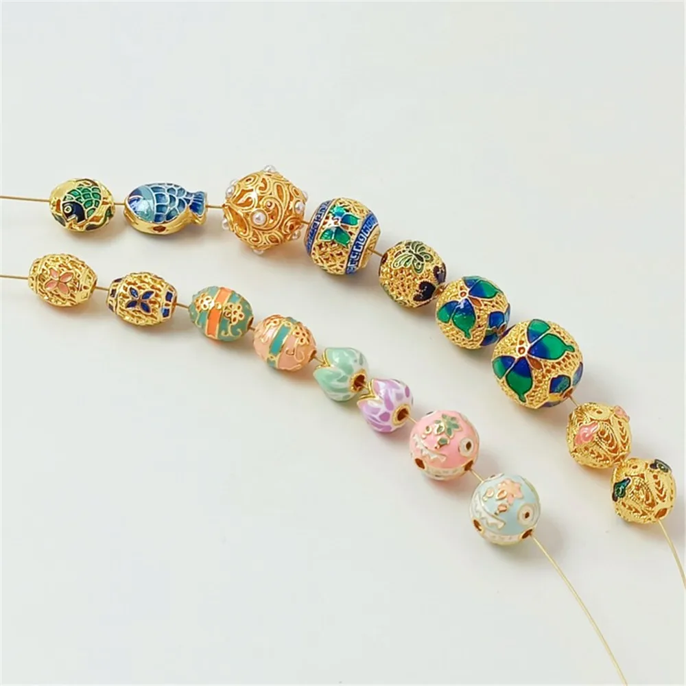 18K Copper Gold-plated Traditional Blue Firing Gold-swallowing Beast Round Bead Handmade DIY Bracelet with Loose Bead Accessorie