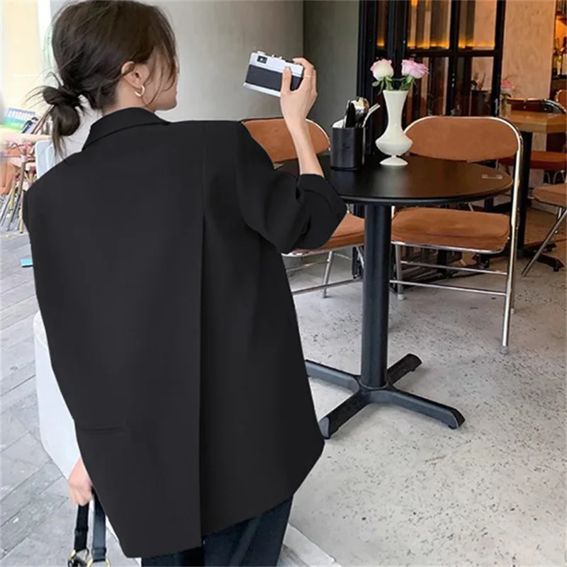 เสื้อสูทลำลองสไตล์สตรีททรงตรง แขนยาว กระดุมเดี่ยว สีพื้น ผ้าโพลีเอสเตอร์ สำหรับฤดูใบไม้ผลิและฤดูใบไม้ร่วง