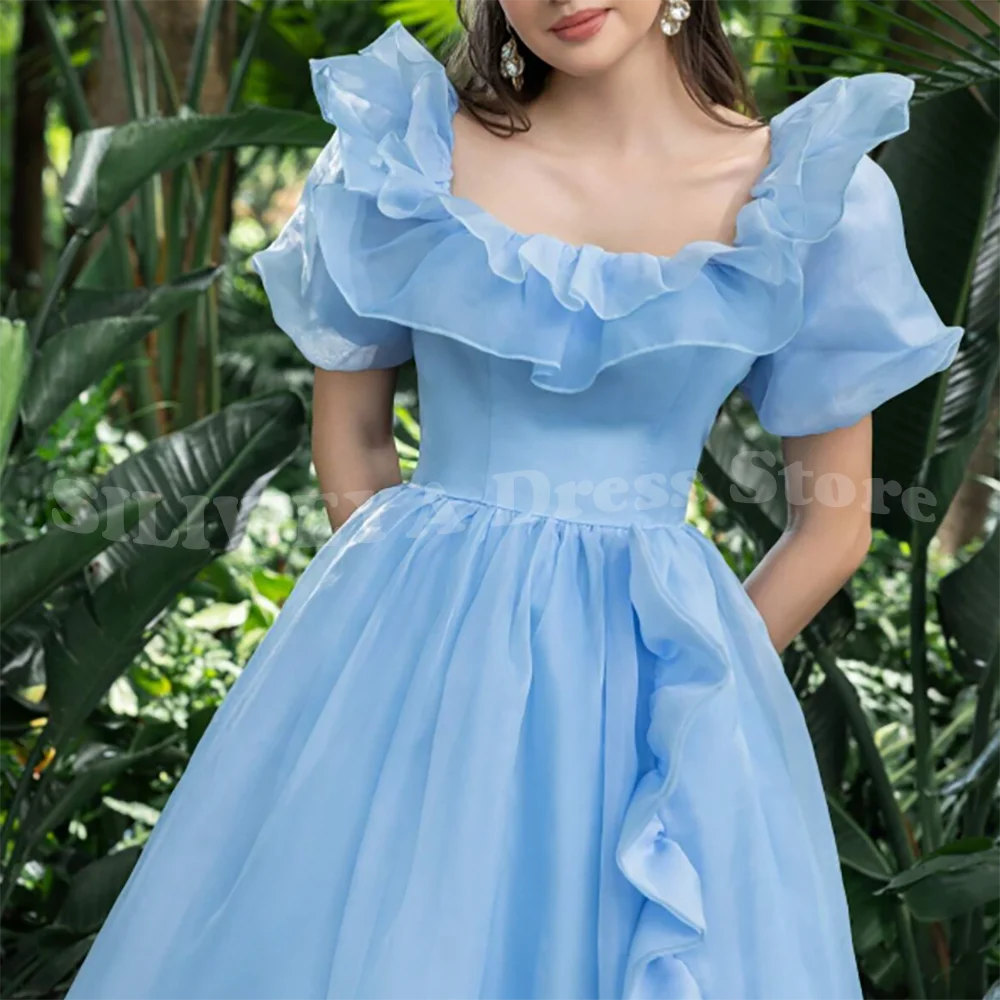 فساتين سهرة من التول الأزرق بياقة مربعة وطيات مكشكشة على شكل حرف A فستان للحفلات الراقصة بطول الكاحل مناسبة رسمية رداء حفلات مخصص