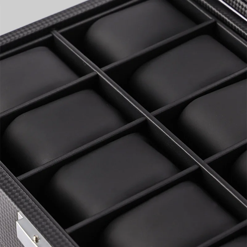 Watch Box Organizer Storage Luxury jewelry Double Layer 24 Slots Case Carbon fiber PU Black Display Box Square Glass Cabinet