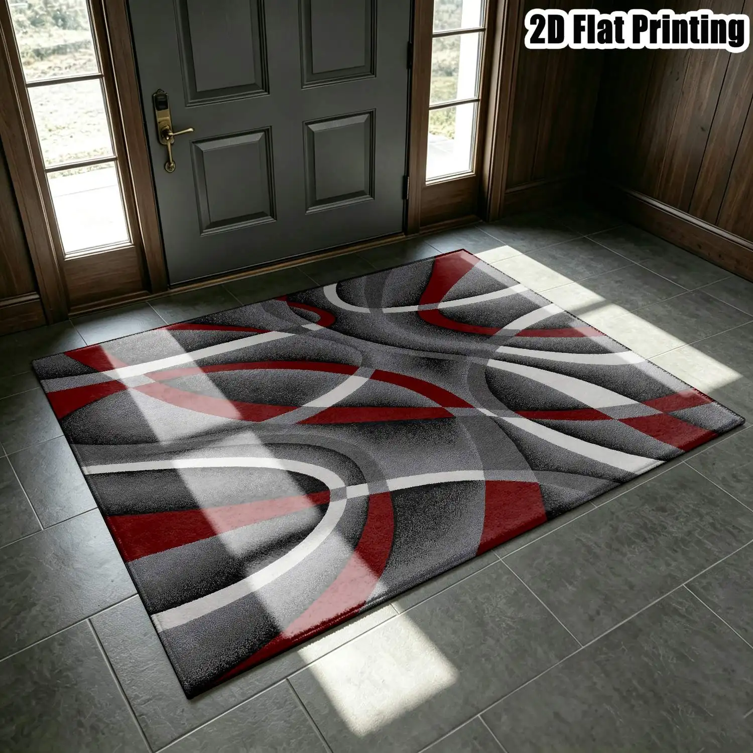 1Pc 2D Printed Carpet: Red-Gray Geometric Abstract Patterns, Nordic Modern Minimalist Style, Machine Washable, Multi-Size, Suitable for Home Decor, Entryway/Dining Room/Bedroom/Living Room Use
