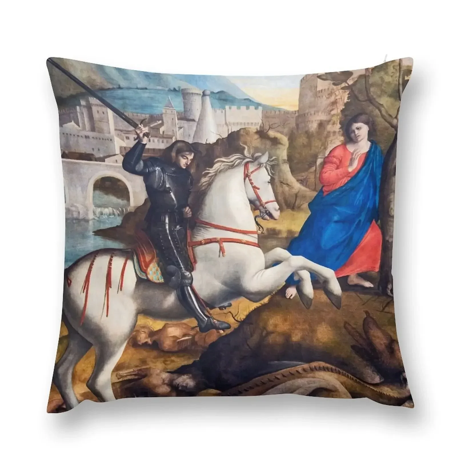 

Saint George and the Dragon Horse Mounted Knight Original Medieval Painting Marco Basaiti Throw Pillow