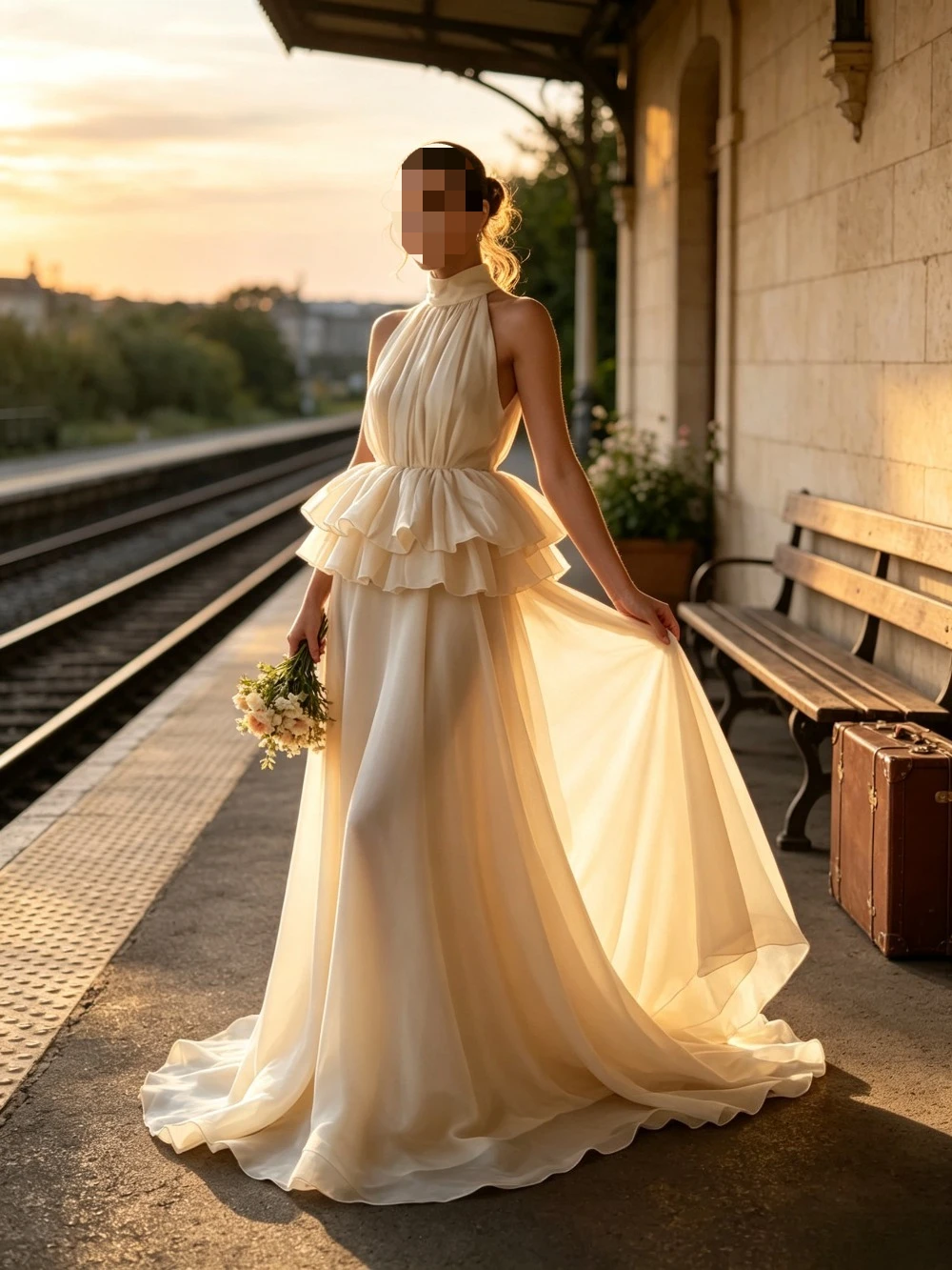 Customized Halter High Neck Satin Two Piece Wedding Dresses Ruffled Peplum Top Flowy Skirt Minimalist Elopement Bridal Gowns