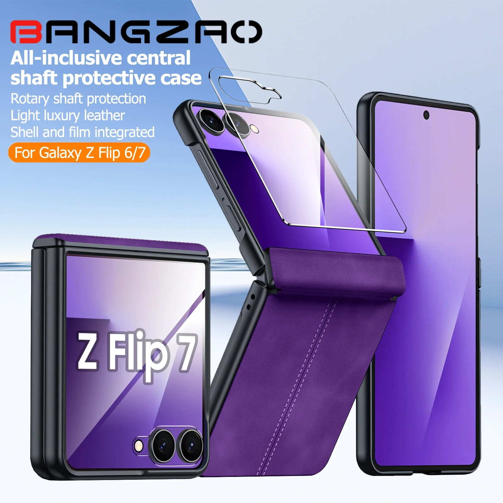 

Встроенная защитная пленка для экрана, защита шарниров, матовый ПК из искусственной кожи, противоударный чехол для Galaxy Z Flip 6/7/7 FE, фиолетовый