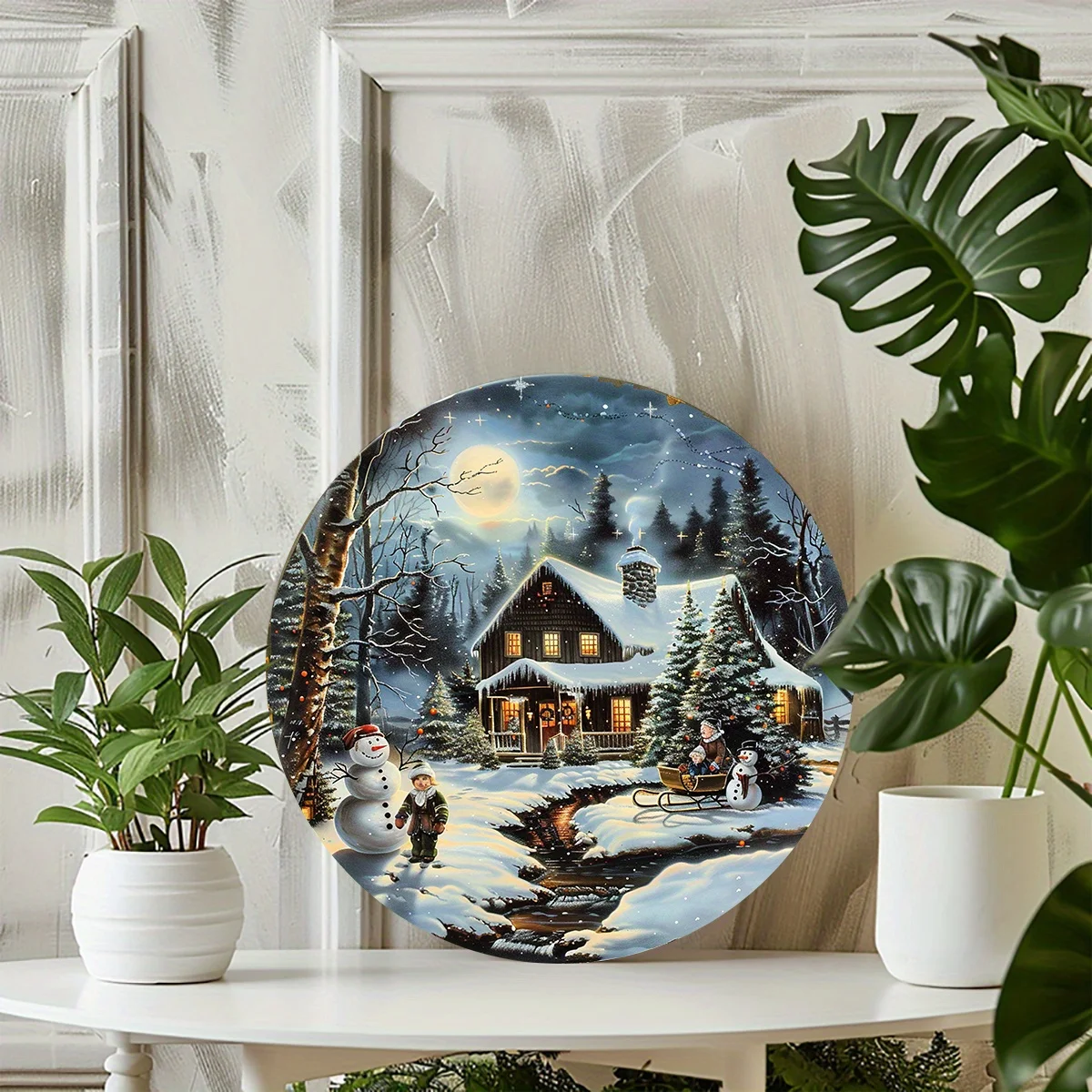 Vintage Christmas Town Round Aluminum Sign - 20.32x20.32 cm, Pre-Drilled, Wall Decor, No Electricity Required, Aluminium Materia