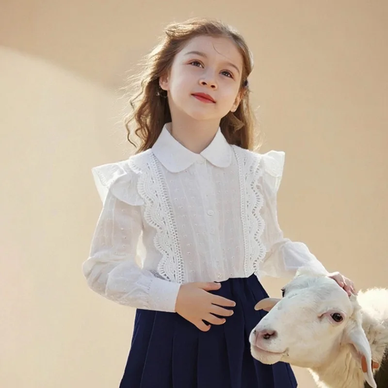 High End Girls Long Sleeved Shirt Cardigan 2025 Autumn New Children Girls White College Style Top for Children