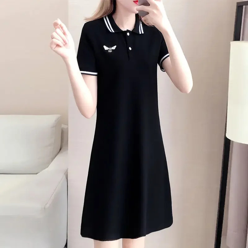 Polo Collar  Dress Women's Summer Short-Sleeved Embroidered Dress Woman Dress Vestido De Mujer Femme Robe