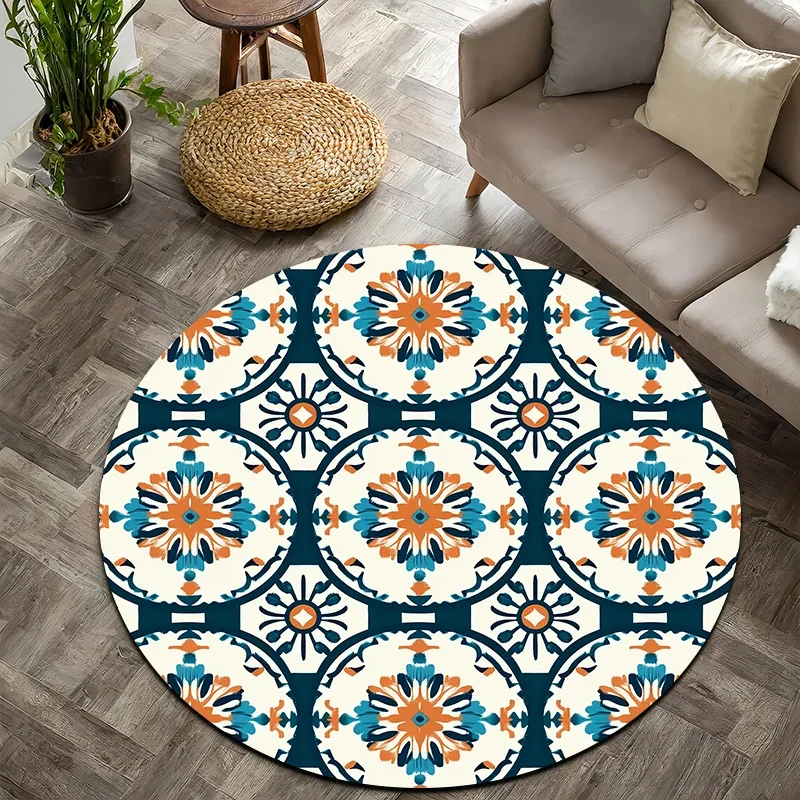 Bohemian Moroccan Tile Pattern Round Cotton Area Rug for Living Room Decor - Stylish Accent Floor Mat