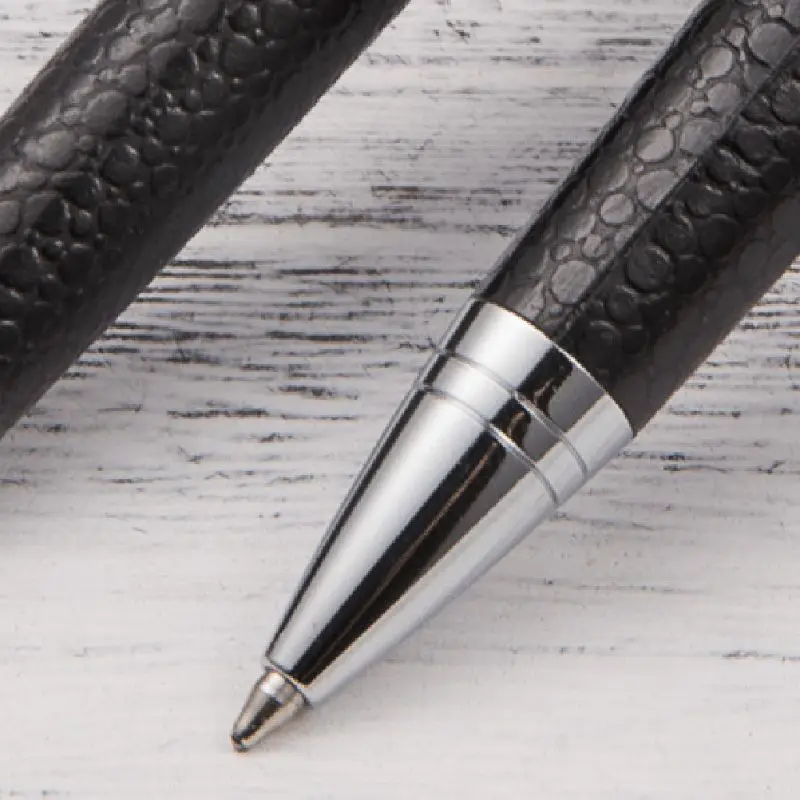 Rotary Business Pen 0.5mm Black Leather Metal Ballpoint Pens Stationery Gift QXNF