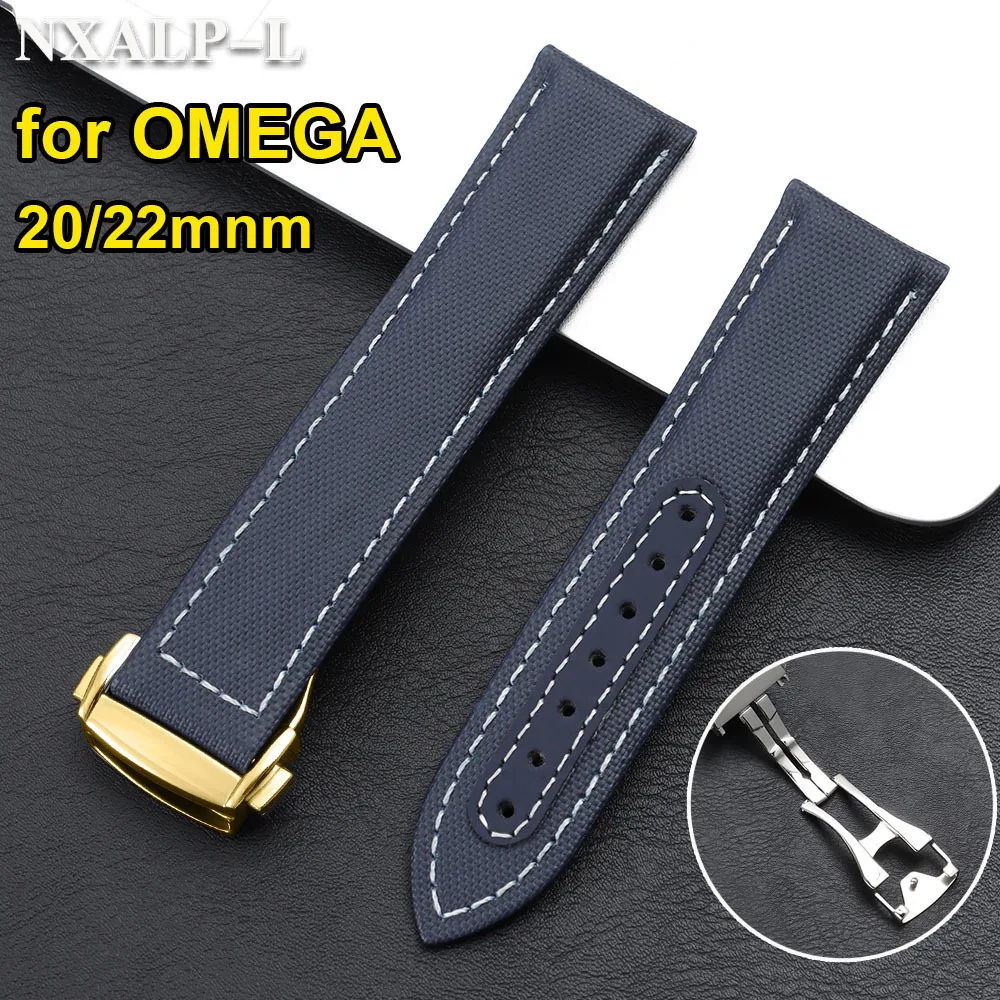 Correa de reloj de lona de nailon de 20mm y 22mm para Omega Seamaster 300 AT150, serie Snoopy 310.32, pulsera de cuero y tela con hebilla plegable