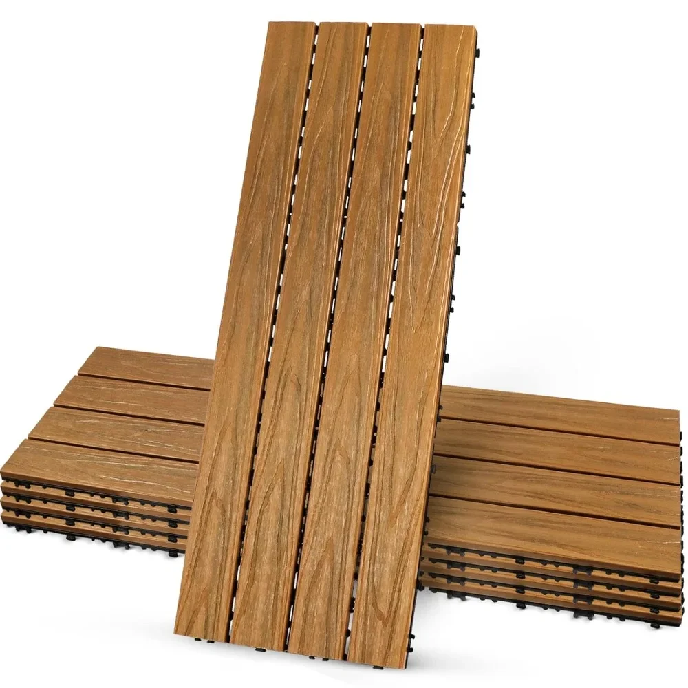 

Wood Composite Interlocking Floor Deck Tiles 5Pcs, 15 sq. Ft Indoor Outdoor Use 12"x36", Great Upgrade to Patio Backyard Pathway