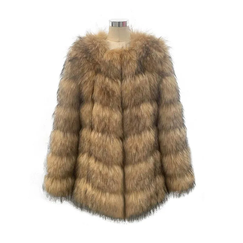 European and American Autumn and Winter Fur Coat Imitation Raccoon Fur Grass Spliced Women\'s Artificial Fur Coat